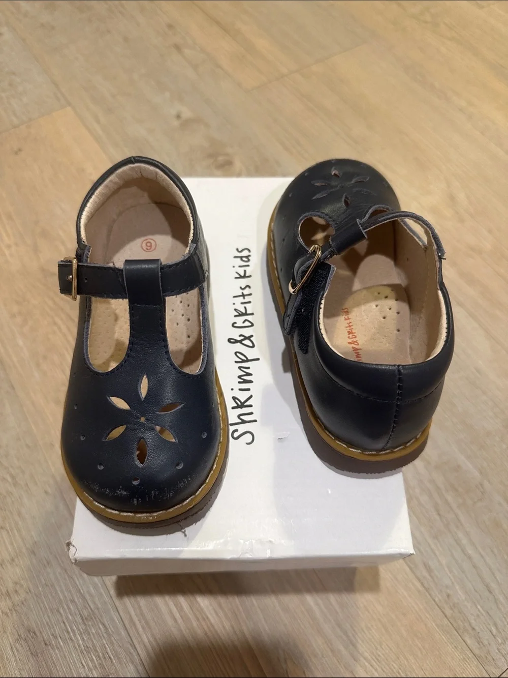 Girls Navy T-Strap Dress Shoes with Floral Cutouts